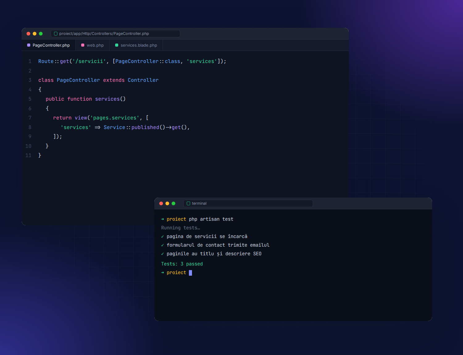 Cod Laravel într-un editor și rezultatul testelor în terminal