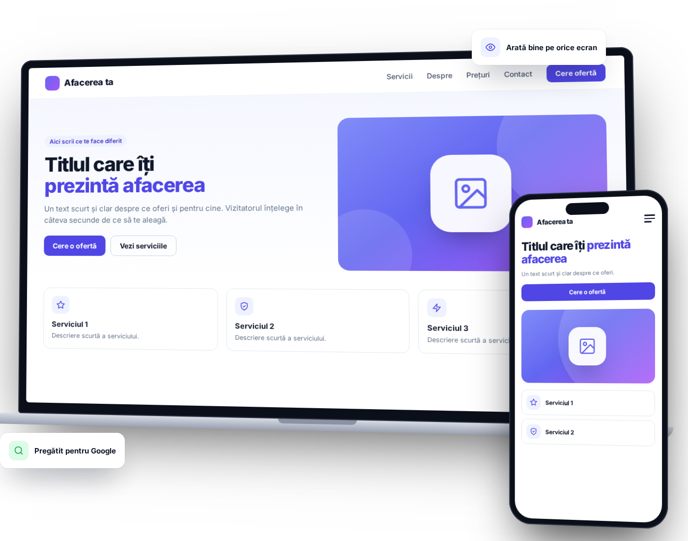 Exemplu de site afișat pe laptop și telefon