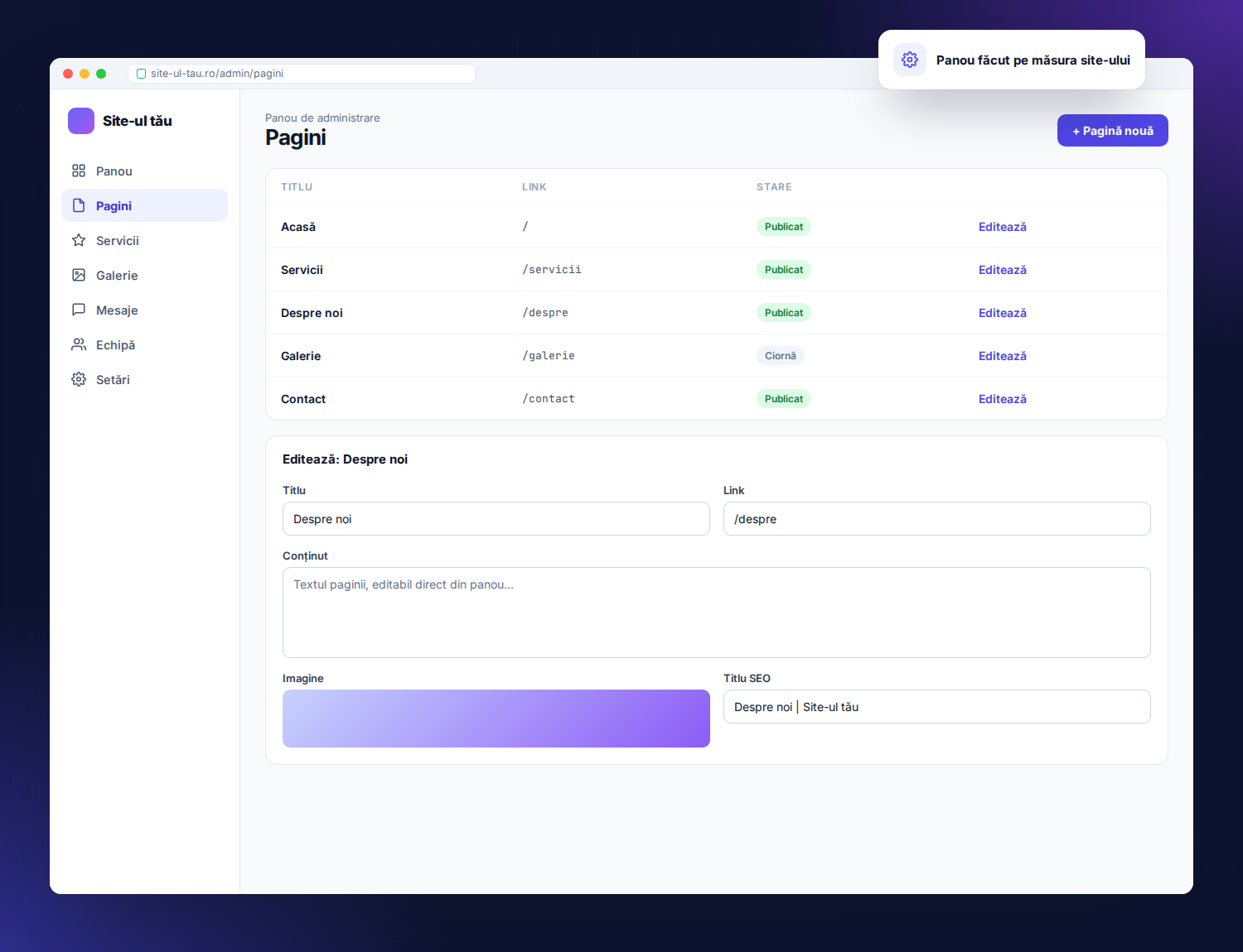 Panou de administrare al unui site Laravel