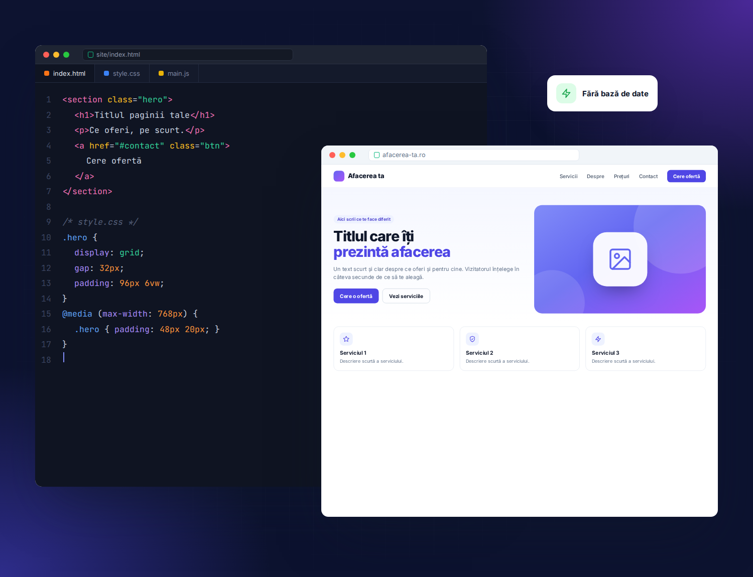 Cod HTML și previzualizarea unui site static